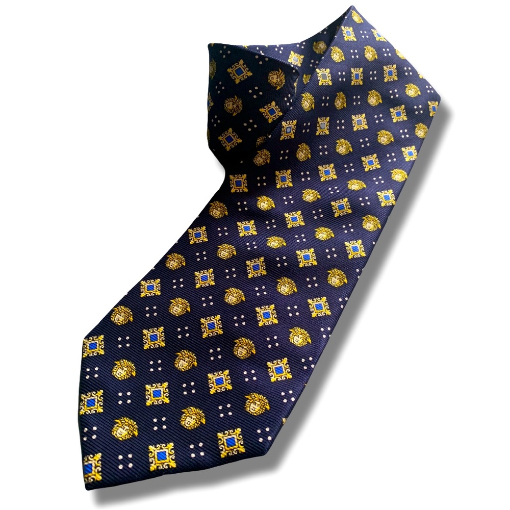 Vintage Versace 4” Silk Tie Blue Gold Made in Italy
